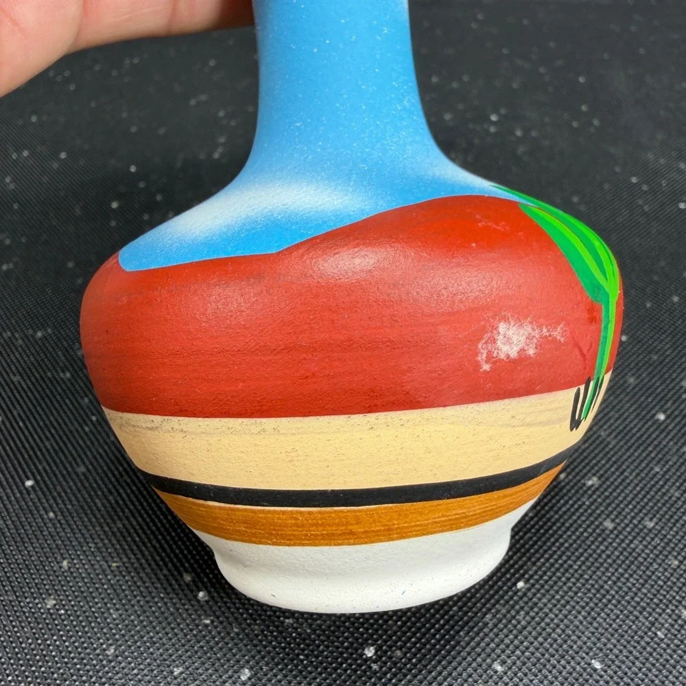 Tesa by Maack Co Desert Landscape Pottery Vase Hand Painted Cactus 5in Blue Red